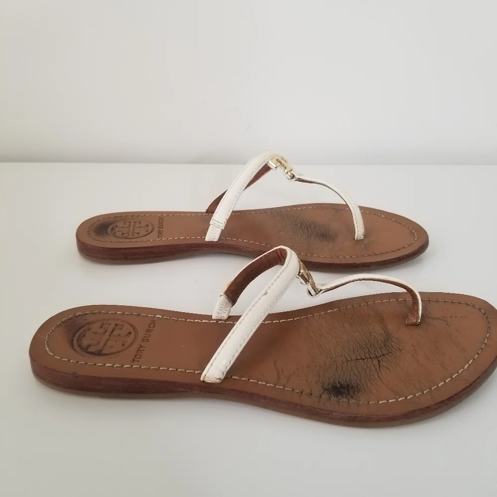 Tory Burch White Half Moon T Logo Leather Thong Flat Sandals Size 6